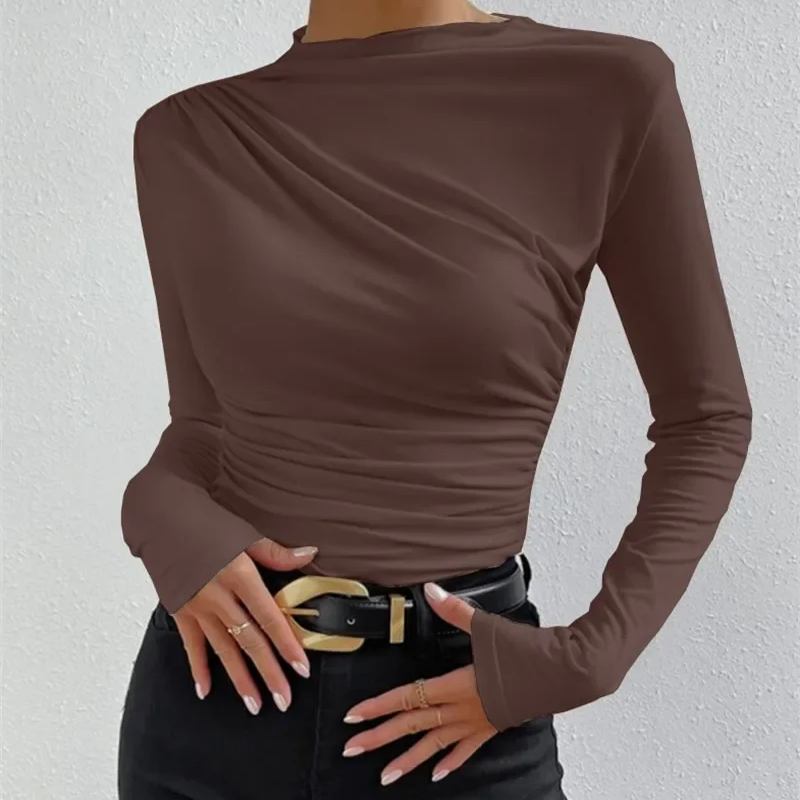 Women's Slim Fit Pleated Long Sleeve T-Shirt – Solid Color Base Layer for Autumn and Winter