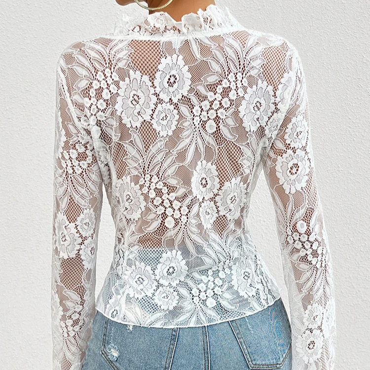 Women's Sheer Lace Long Sleeve V-Neck Blouse – Summer Sexy See-through Top with Flare Sleeves