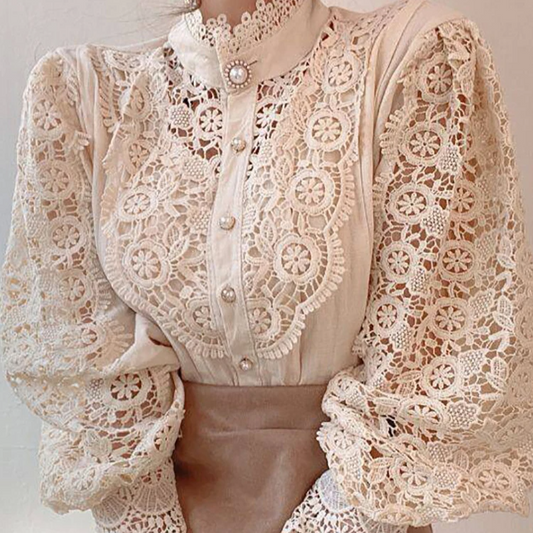 Chic White Chiffon Turtleneck Blouse – Elegant Lace Hollow Long Sleeve Oversized Top for Women