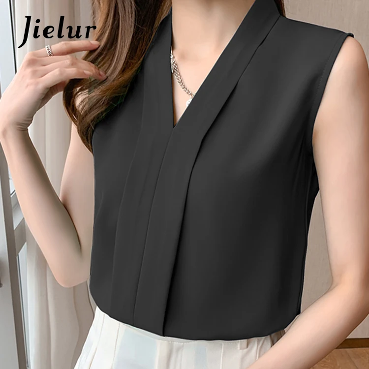 Women’s Sleeveless V-Neck Chiffon Tank Blouse – Elegant Solid Color Summer Top for Office & Casual Wear