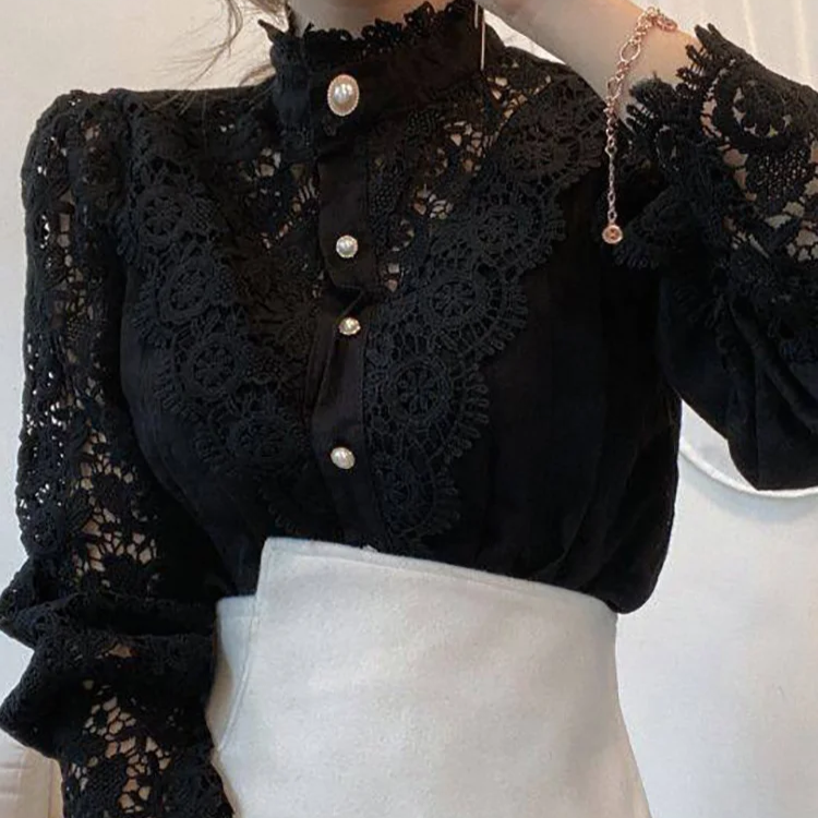 Chic White Chiffon Turtleneck Blouse – Elegant Lace Hollow Long Sleeve Oversized Top for Women