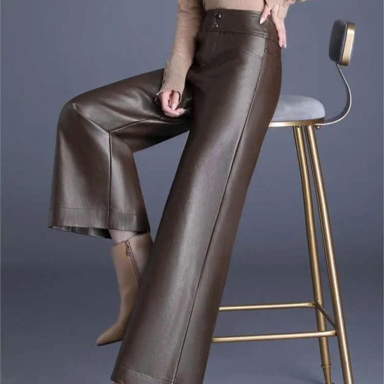 Women’s High Waist Wide Leg Faux Leather Pants – Elegant PU Leather Trousers for Autumn & Winter Casual Fashion