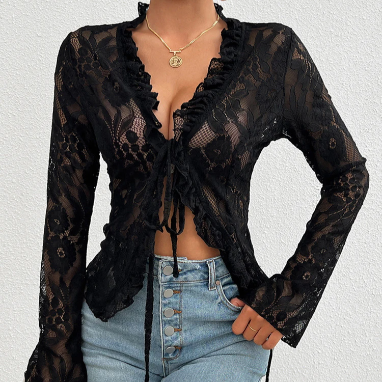 Women's Sheer Lace Long Sleeve V-Neck Blouse – Summer Sexy See-through Top with Flare Sleeves