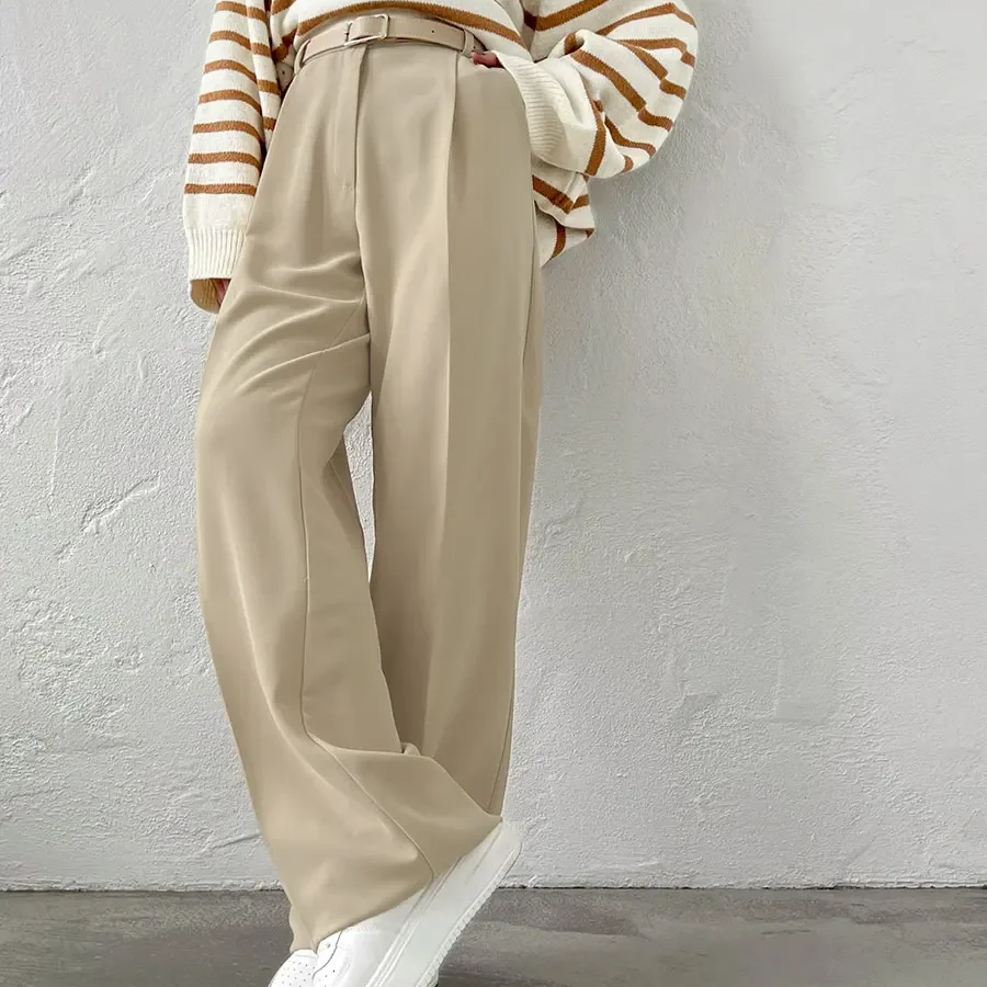 Women's High Waist Wide Leg Office Trousers – Pleated Full-Length Pants with Pockets for Work and Casual Wear