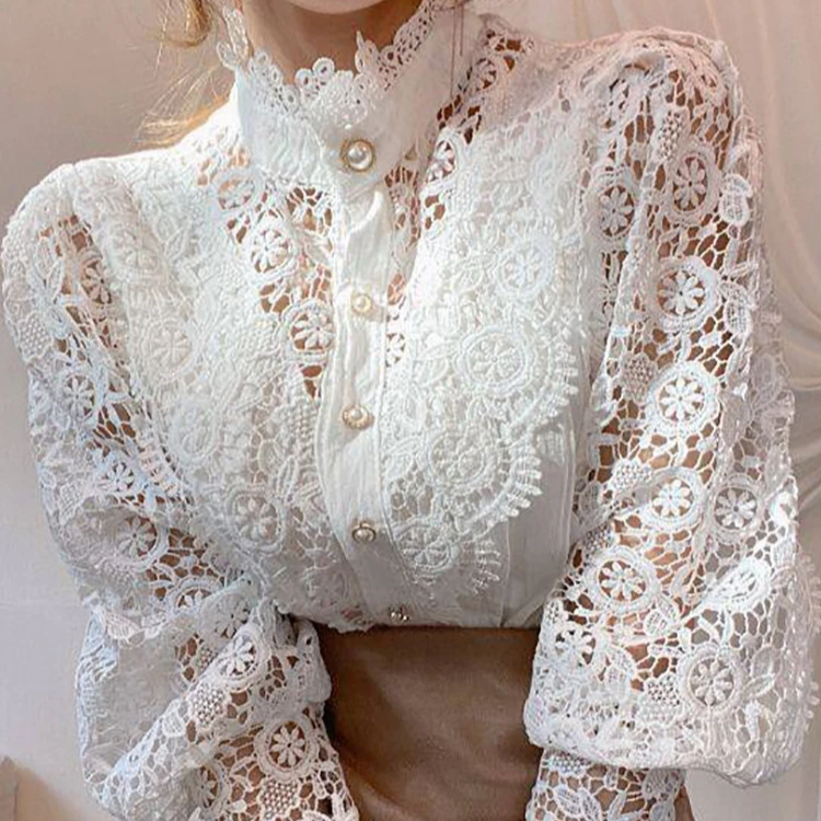 Chic White Chiffon Turtleneck Blouse – Elegant Lace Hollow Long Sleeve Oversized Top for Women