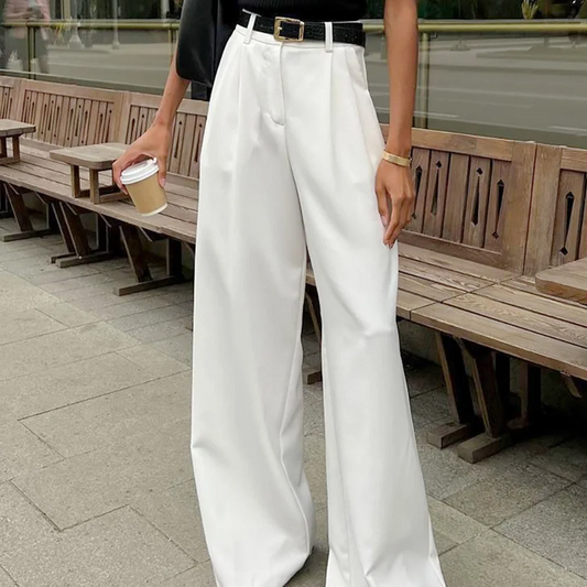 Women's White High-Waist Wide Leg Trousers – Casual Office Style Loose-Fit Pants