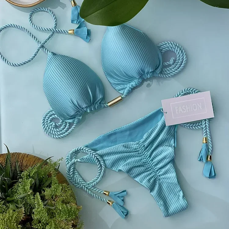 Women’s Solid Color Rope Bikini Set – Multicolor Two-Piece Swimsuit with Special Fabric, Wire-Free Beach Style Swimwear