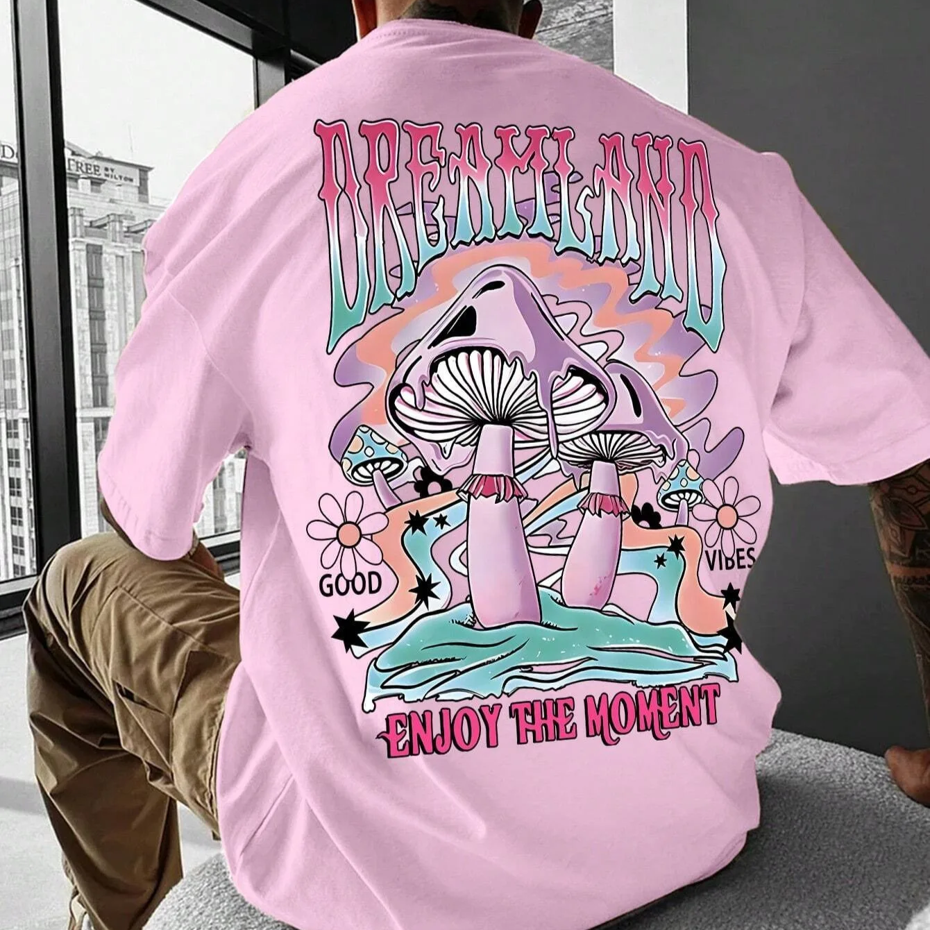 Unisex Cotton T-Shirt with Mushroom Back Print – Oversized Streetwear Style Tee (S–4XL)