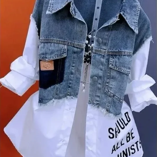 Women's Fake Two-Piece Denim Shirt Jacket – Casual Striped Patchwork Button Down Top with Short Sleeves