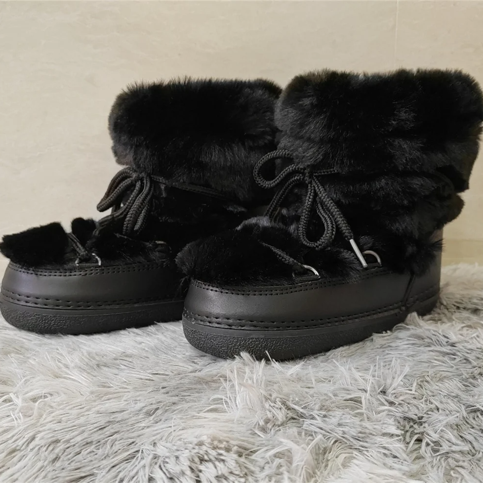 Women's Mid-Calf Snow Boots with Faux Rabbit Fur – Waterproof Winter Platform Ski Boots