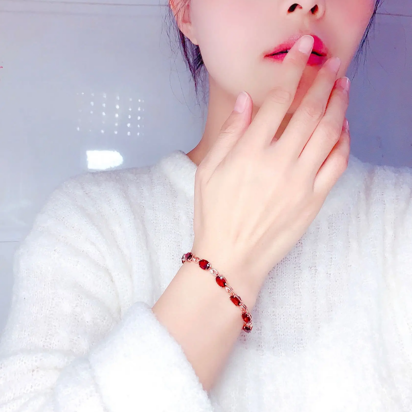 18K Rose Gold Ruby Gemstone Bracelet for Women – Handmade Chain Link Design with Diamond Accents for Wedding and Party Wear