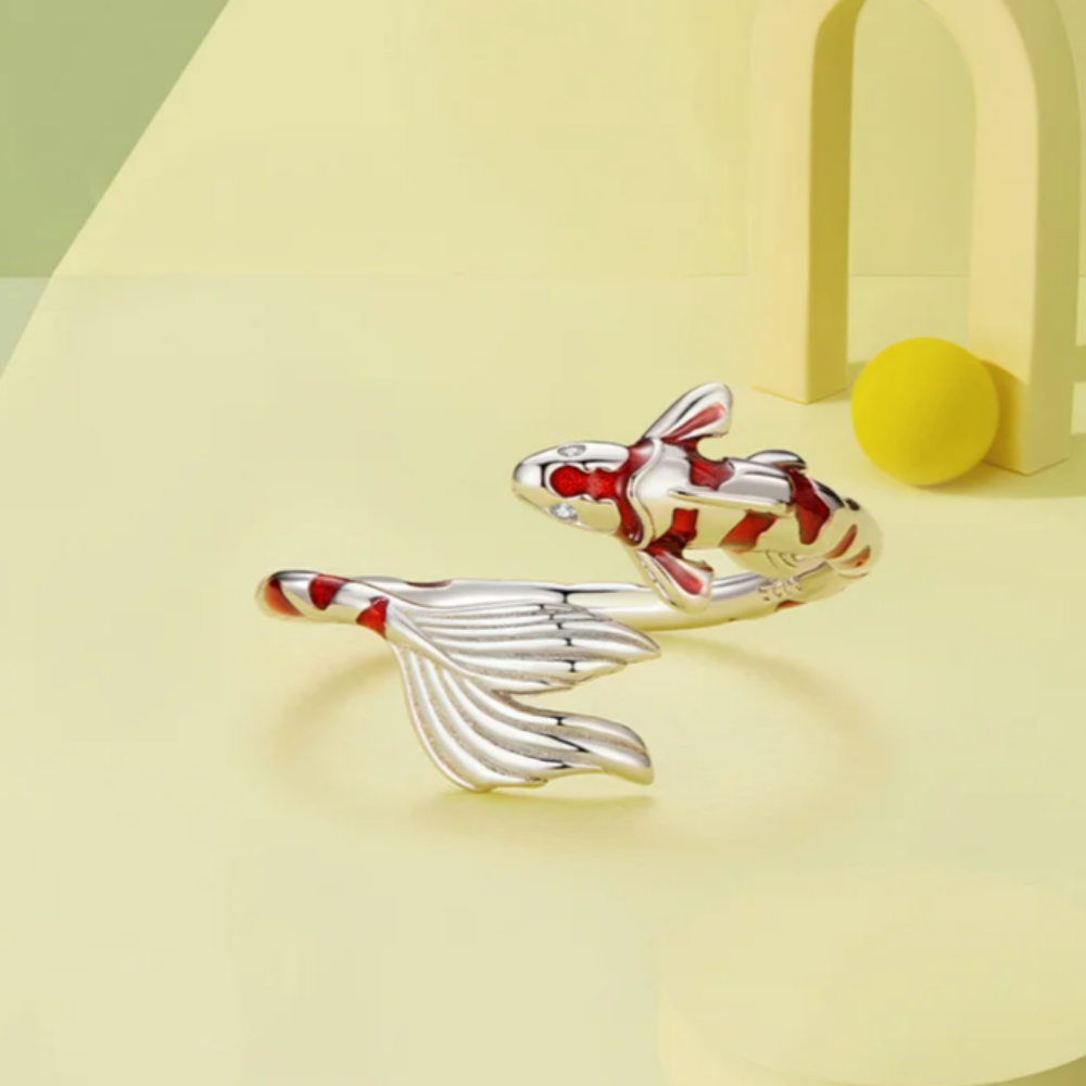 Adjustable Red Koi Fish Ring in 925 Sterling Silver – Lucky Animal Cocktail Ring with Zircon Detail