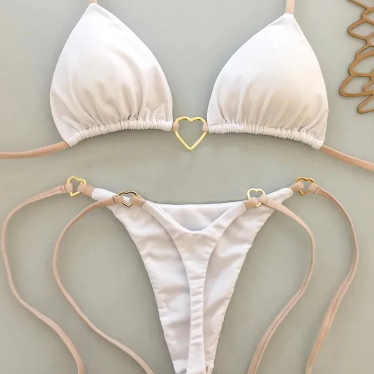 White Solid Color Lace-Up Bikini Set – Fashionable Low-Waist Two-Piece Swimsuit for Women, Wire-Free Summer Beachwear