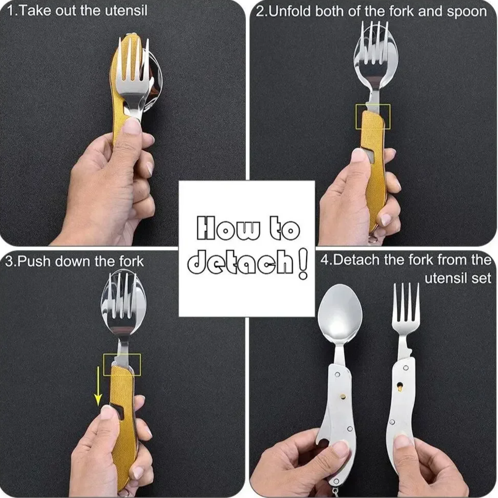 6-in-1 Foldable Camping Utensil Set – Stainless Steel Knife, Fork & Spoon Combo with Bottle Opener for Outdoor, Travel, and Picnic Use
