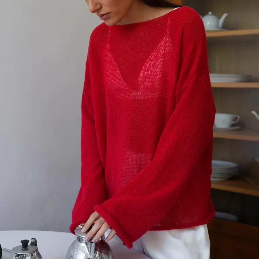 Women's Loose-Fit Lightweight Sweater – Casual Turtleneck Pullover for Spring and Summer