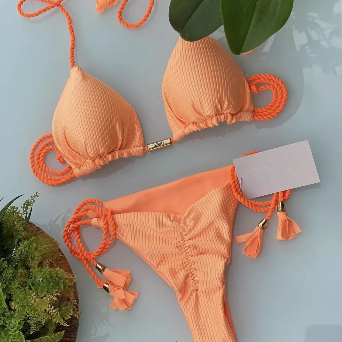 Women’s Solid Color Rope Bikini Set – Multicolor Two-Piece Swimsuit with Special Fabric, Wire-Free Beach Style Swimwear