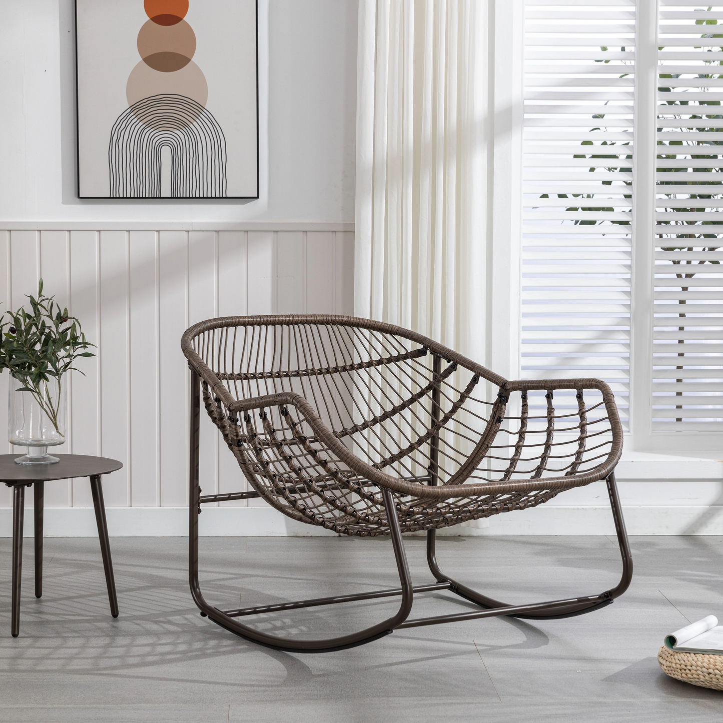 Beige Outdoor Rattan Rocking Chair with Padded Cushion – Comfortable Patio Recliner for Porch, Garden, or Living Room