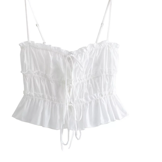 Chic Poplin Bow-Tie Sling Blouse – Hollow Sleeveless Crop Top for Women