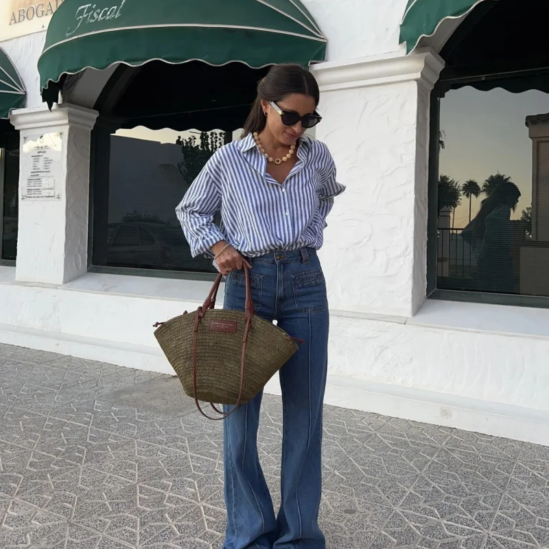 Women's Striped Poplin Button-Down Shirt – Loose Fit, Long Sleeve, Casual Lapel Top