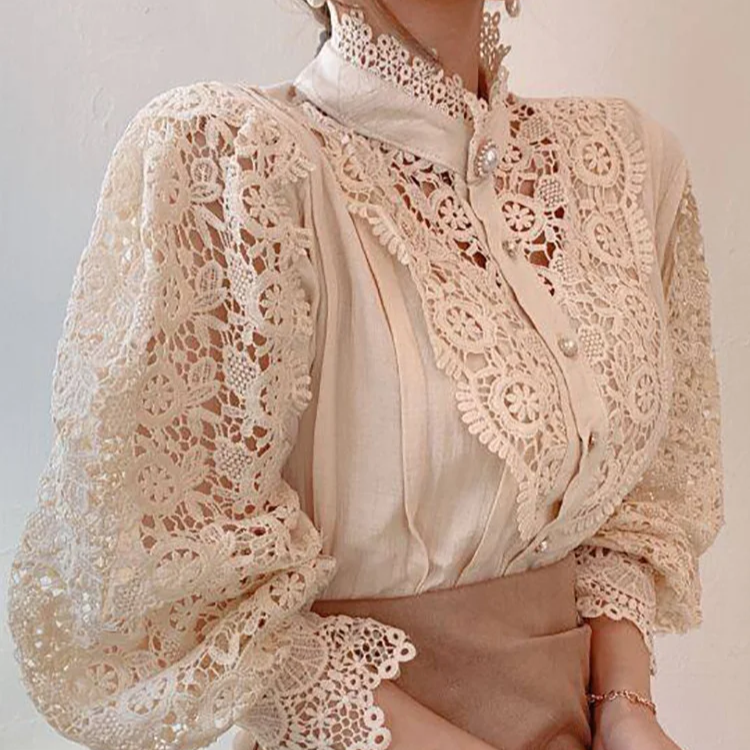Chic White Chiffon Turtleneck Blouse – Elegant Lace Hollow Long Sleeve Oversized Top for Women