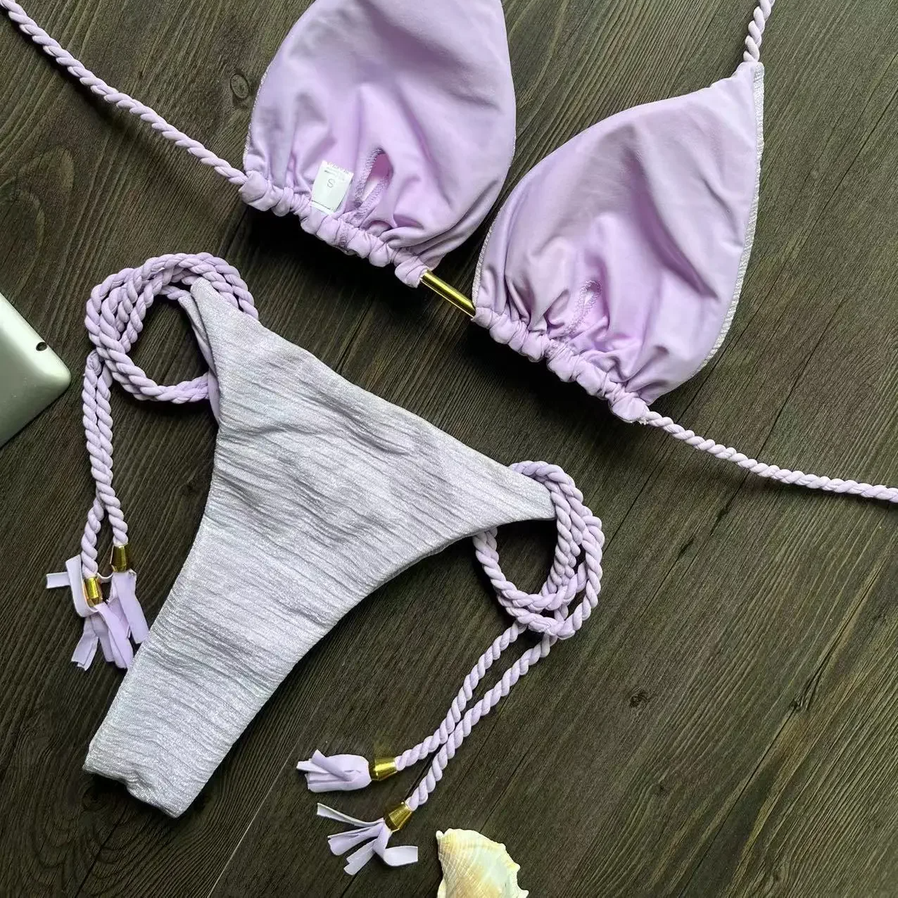 Women’s Braided Rope Bikini Set – Sexy Brazilian Swimsuit with Solid and Plant Print Options, Wire-Free Strap Design for Beach Style