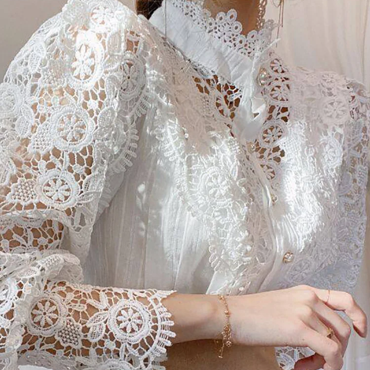 Chic White Chiffon Turtleneck Blouse – Elegant Lace Hollow Long Sleeve Oversized Top for Women