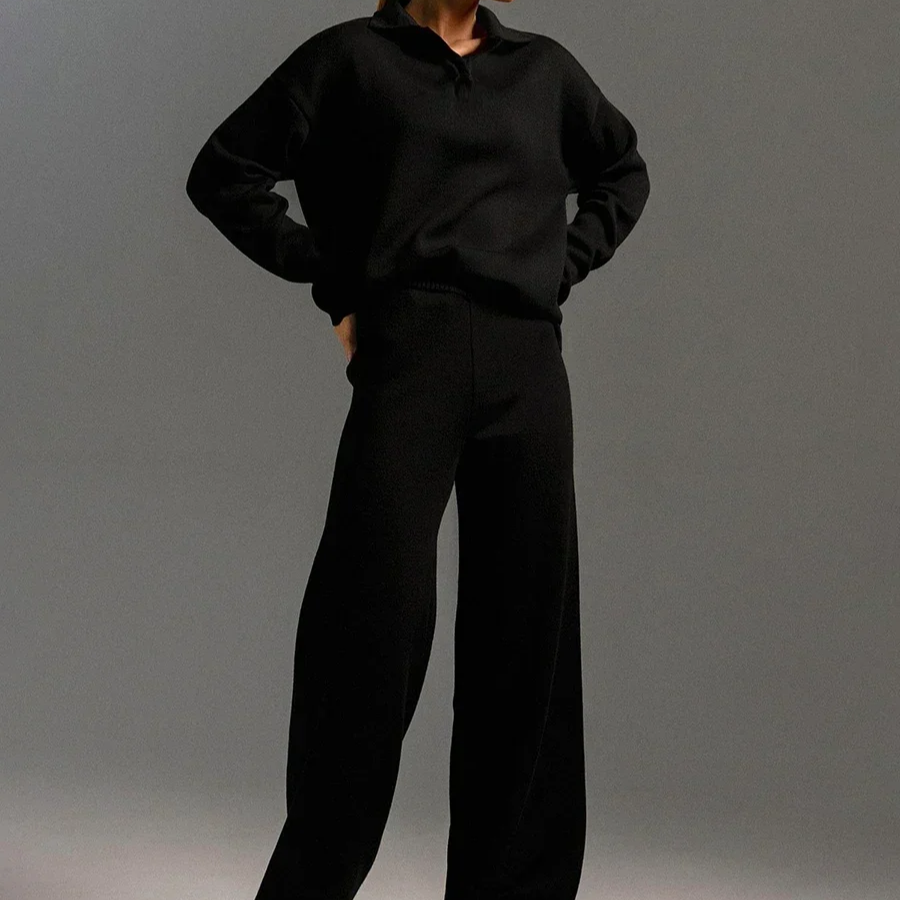 Women's Winter 2-Piece Knit Set – Polo Neck Sweater and Wide Leg Pants Lounge Outfit for Cold Weather