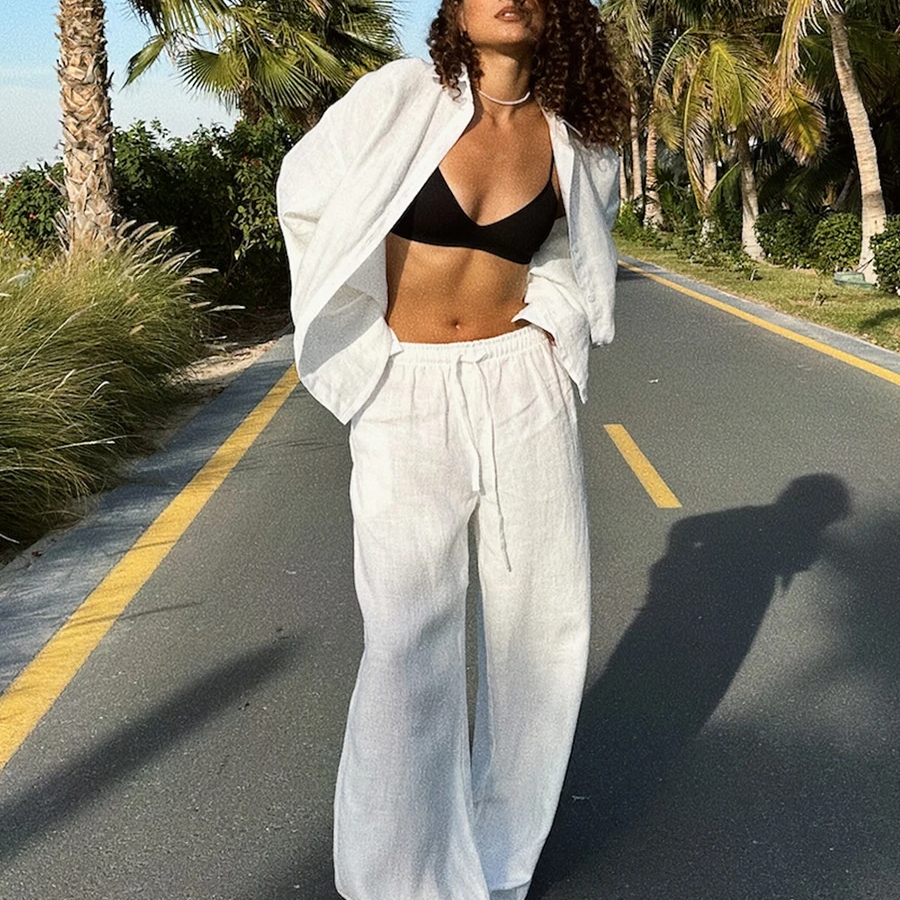 Solid Cotton Two-Piece Lounge Set for Women – Lapel Shirt and High Waist Wide Leg Pants