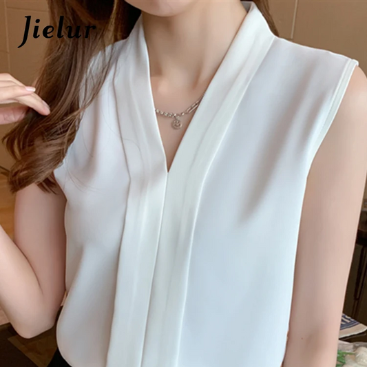 Women’s Sleeveless V-Neck Chiffon Tank Blouse – Elegant Solid Color Summer Top for Office & Casual Wear