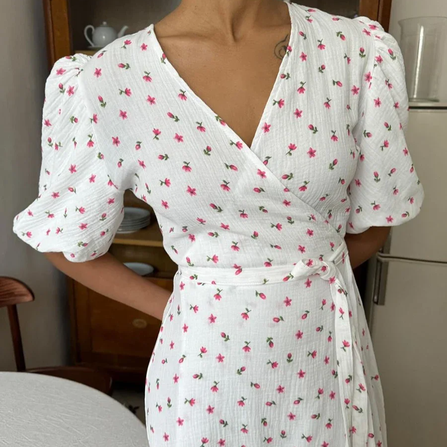 Women's Printed Cotton V-Neck Dress – Lace-Up Waist, Short Sleeve, Long Casual Summer Dress
