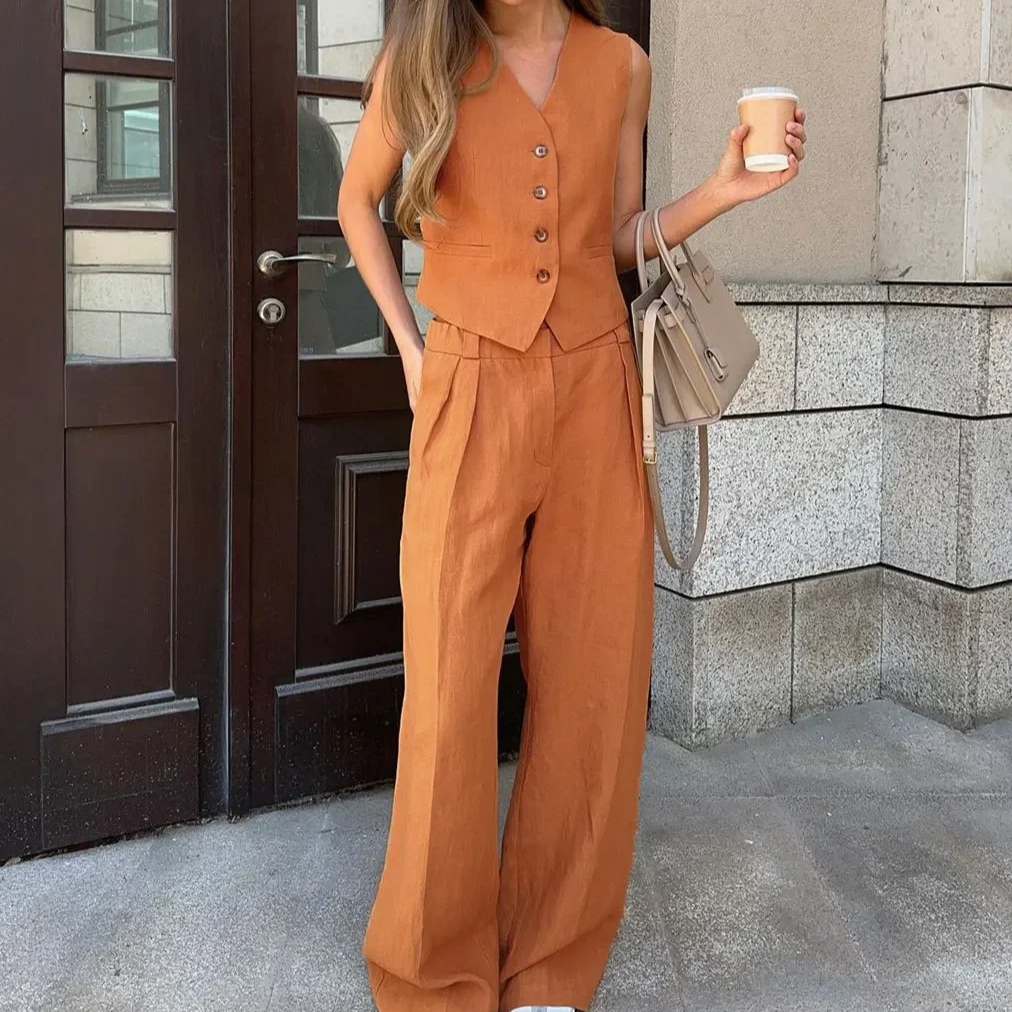 Women's Linen Cotton Vest and Wide-Leg Pants Set – 2-Piece Casual Summer Outfit with V-Neck Top and Elastic Waist Trousers