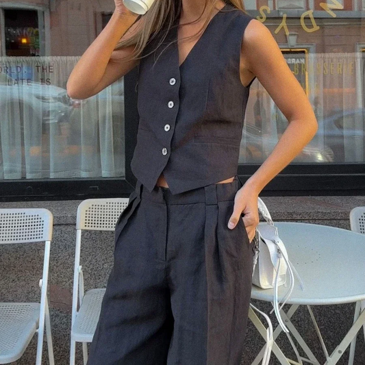 Women's Linen Cotton Vest and Wide-Leg Pants Set – 2-Piece Casual Summer Outfit with V-Neck Top and Elastic Waist Trousers