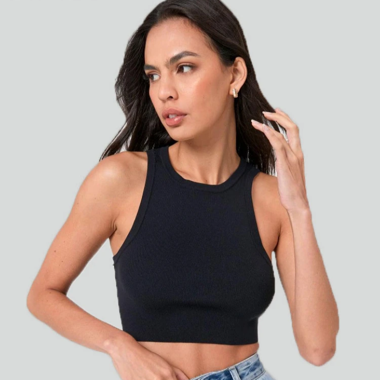 Women's Slim Ribbed Crop Tank Top – Sleeveless O-Neck Office Casual Vest
