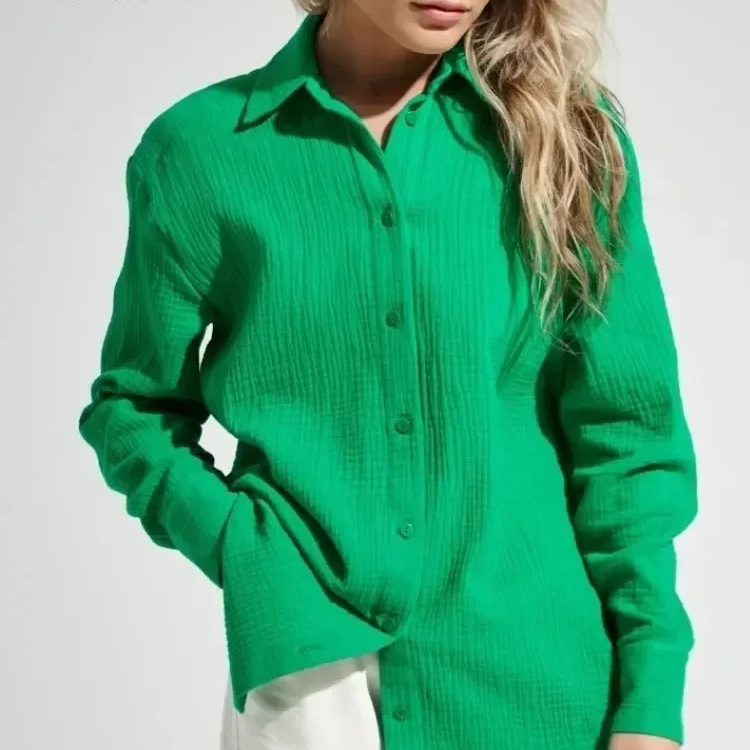 Women's 100% Cotton Long Sleeve Crepe Shirt – Casual Office Style Button-Up Top
