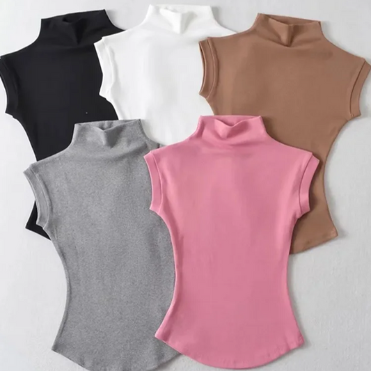 Women's Sleeveless Slim Fit Turtleneck Top – a Summer Knit Pullover Tee for Casual Streetwear