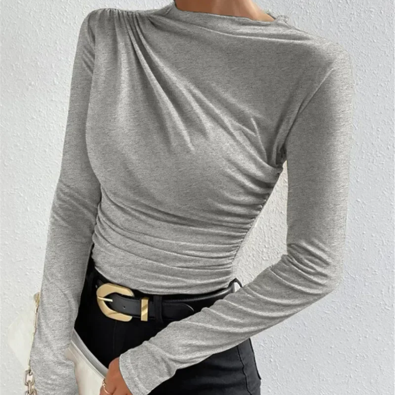Women's Slim Fit Pleated Long Sleeve T-Shirt – Solid Color Base Layer for Autumn and Winter