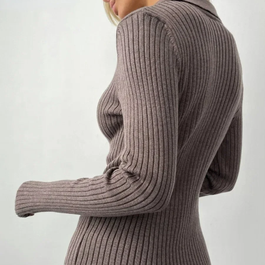 Slim Fit Polo Collar Knit Sweater for Women – Soft Ribbed Pullover Long Sleeve Autumn Winter Top
