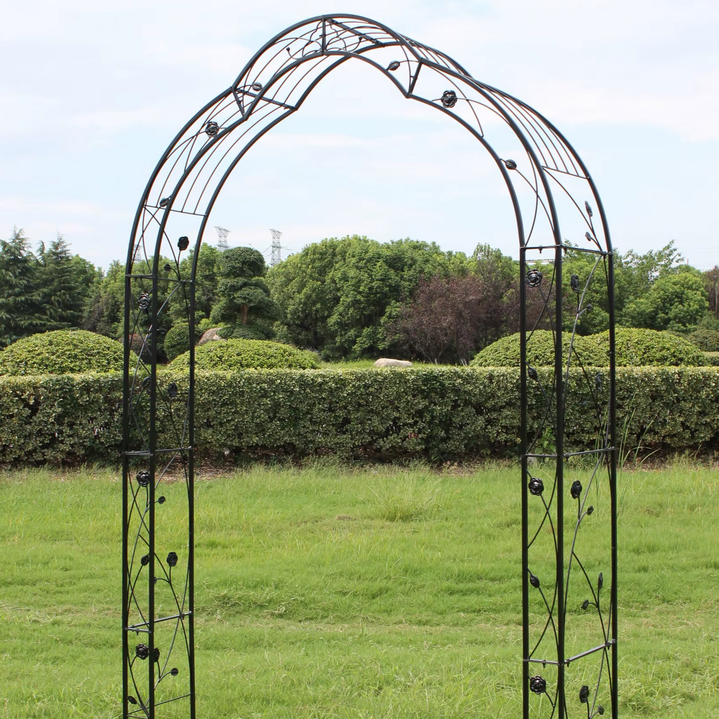 Black Metal Garden Arch for Climbing Plants – Powder-Coated Iron Rose Trellis for Backyard and Outdoor Landscaping