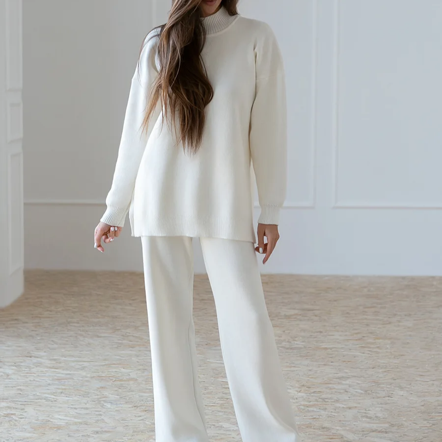 Women's Winter 2-Piece Knit Set – Soft Half Turtleneck Sweater and Wide Leg Pants Outfit for Cold Weather Comfort