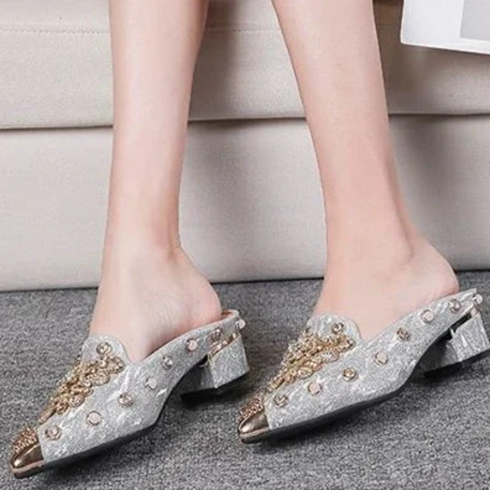 Women’s Rhinestone Mules – Elegant Summer Slip-On Sandals with Square Heels, Luxury Mirror Design for Parties and Fashion Outfits