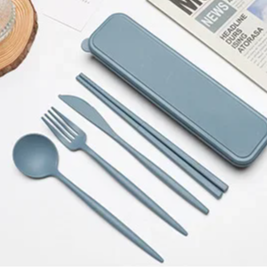 4PCS Portable Wheat Straw Cutlery Set – Spoon, Fork, Chopsticks with Storage Box for Travel & Daily Use