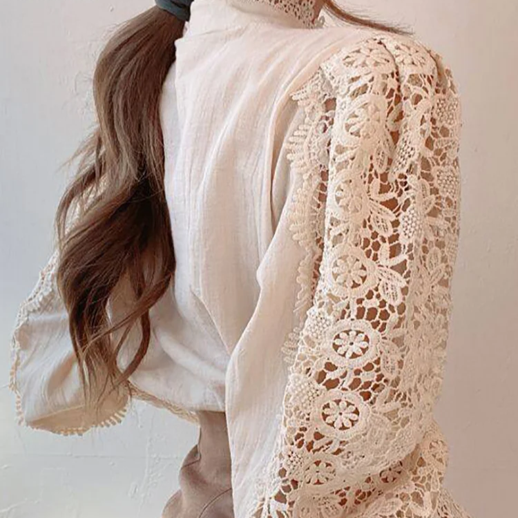 Chic White Chiffon Turtleneck Blouse – Elegant Lace Hollow Long Sleeve Oversized Top for Women