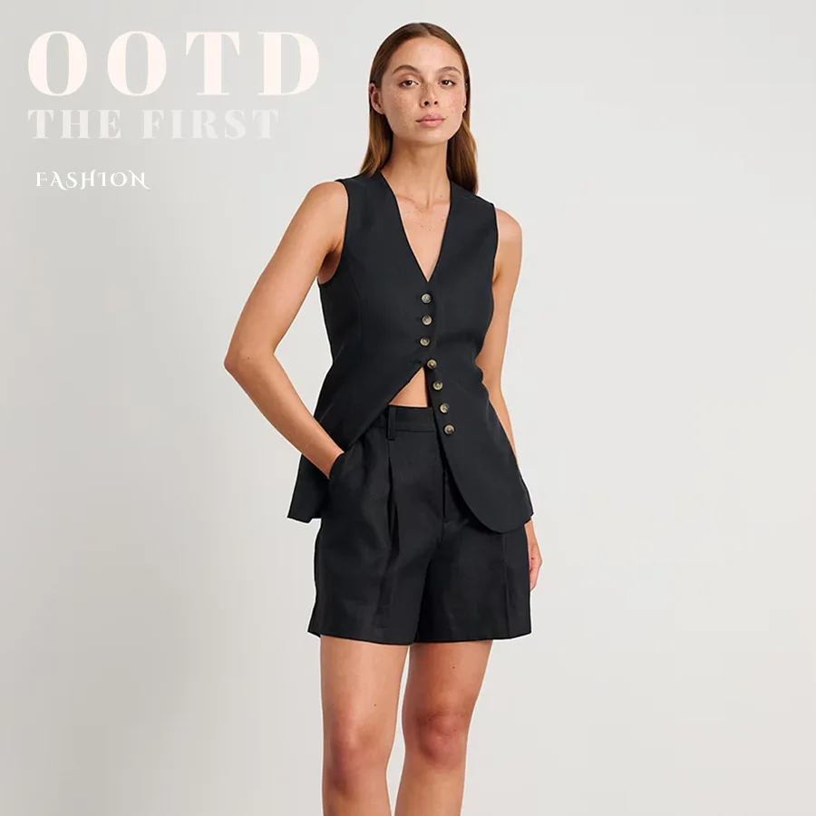 Women's Cotton-Linen Vest and Shorts Set – Sleeveless V-Neck Tank Top and Button Fly Shorts, Chic Loose Summer Outfit