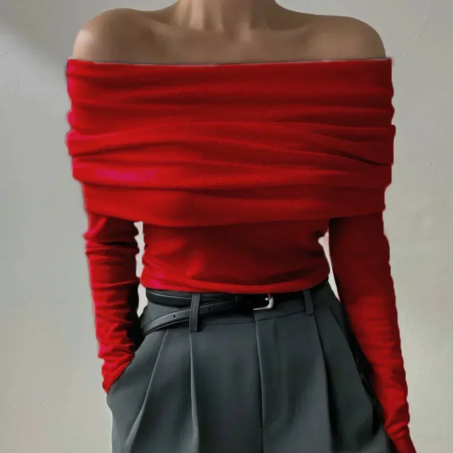 Women's One-Shoulder Knitted Sweater – Slimming Pullover with Long Sleeves, Solid Color High Street Style