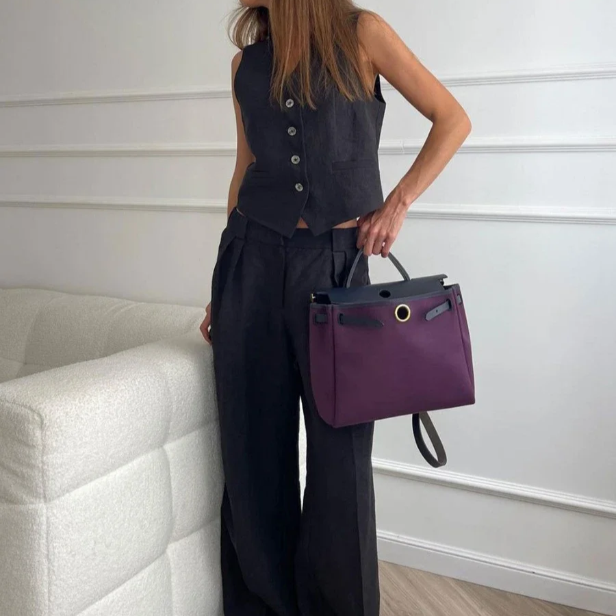 Women's Linen Cotton Vest and Wide-Leg Pants Set – 2-Piece Casual Summer Outfit with V-Neck Top and Elastic Waist Trousers