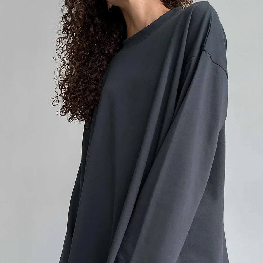 Women's Long Sleeve Cotton T-Shirt – Solid Color Casual Loose Fit Basic Top