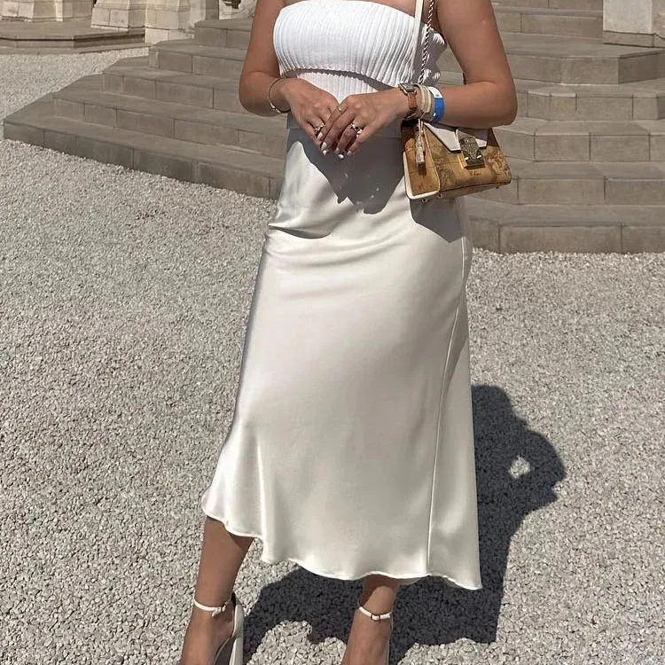 Solid Satin Mermaid Skirt – Women's Elegant Slim Fit Ankle-Length Beach Style Skirt