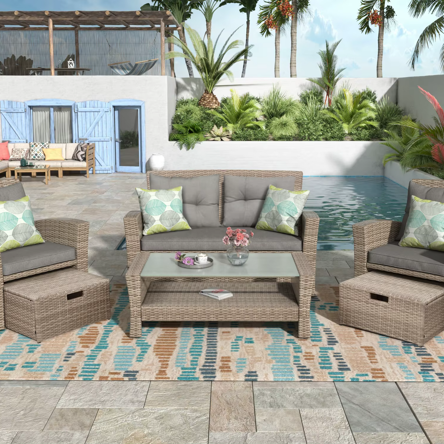 4-Piece U-Shaped Outdoor Wicker Sectional Sofa Set with Ottoman and Cushions – All-Weather Rattan Patio Conversation Set