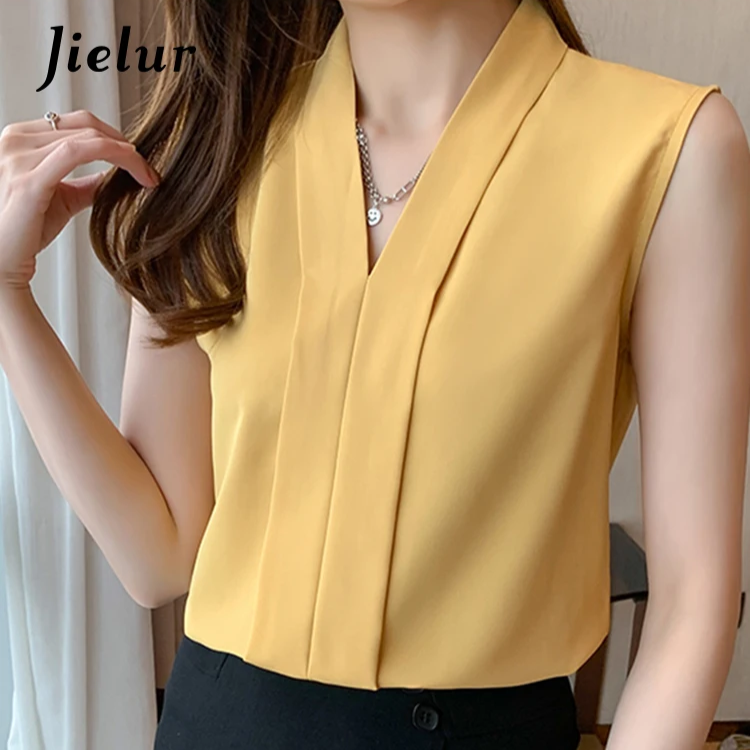 Women’s Sleeveless V-Neck Chiffon Tank Blouse – Elegant Solid Color Summer Top for Office & Casual Wear