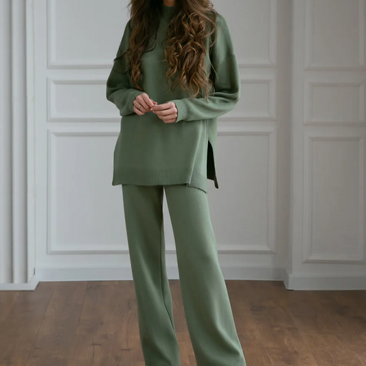 Women's Winter 2-Piece Knit Set – Soft Half Turtleneck Sweater and Wide Leg Pants Outfit for Cold Weather Comfort